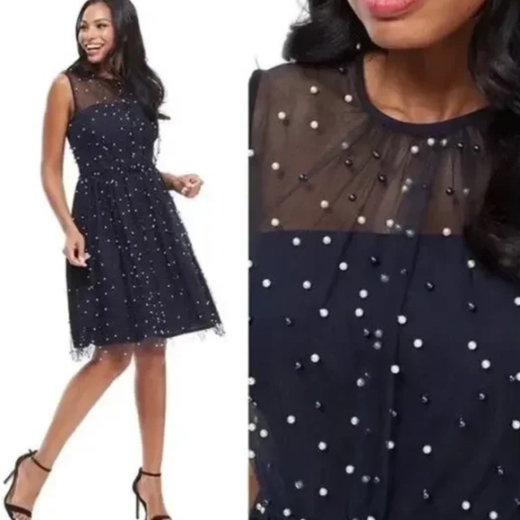 Melanie Lyne - Maggy London Women's Navy Mesh Pearl Embellished A-line Dress 8 - Picture 2 of 15